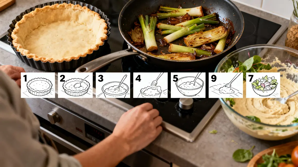 Résumé étapes quiche aux poireaux, moule pate, poireaux en cuisson, appareil