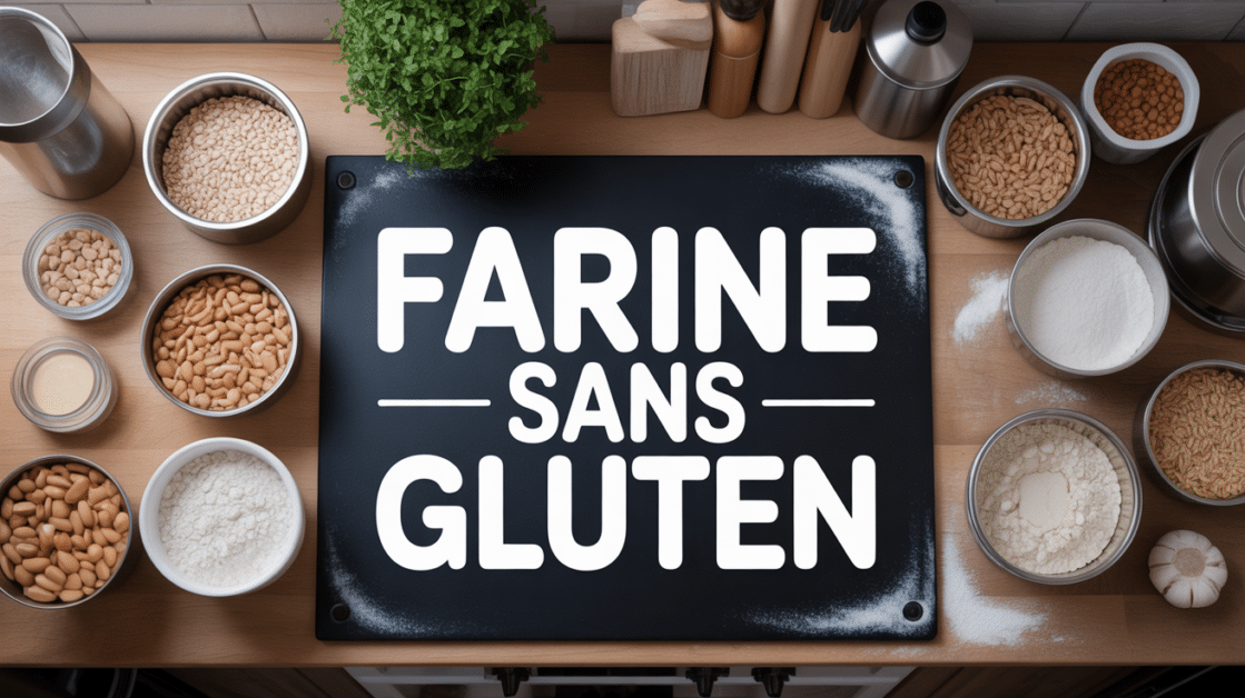 Plan de travail avec bocaux de farine sans gluten