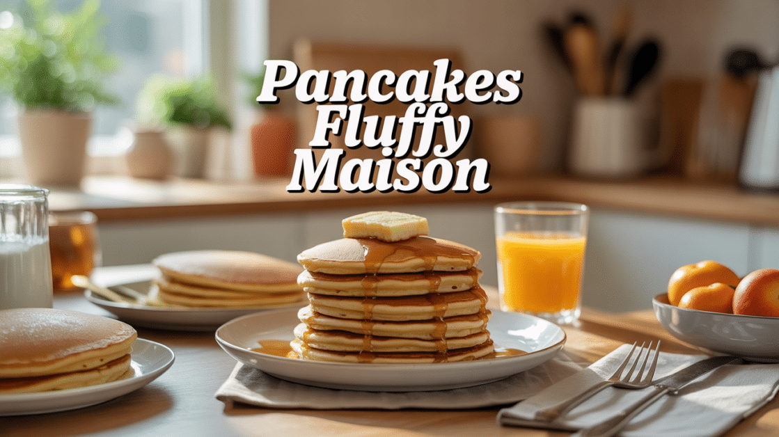 Pile de fluffy pancakes dorés sur table familiale