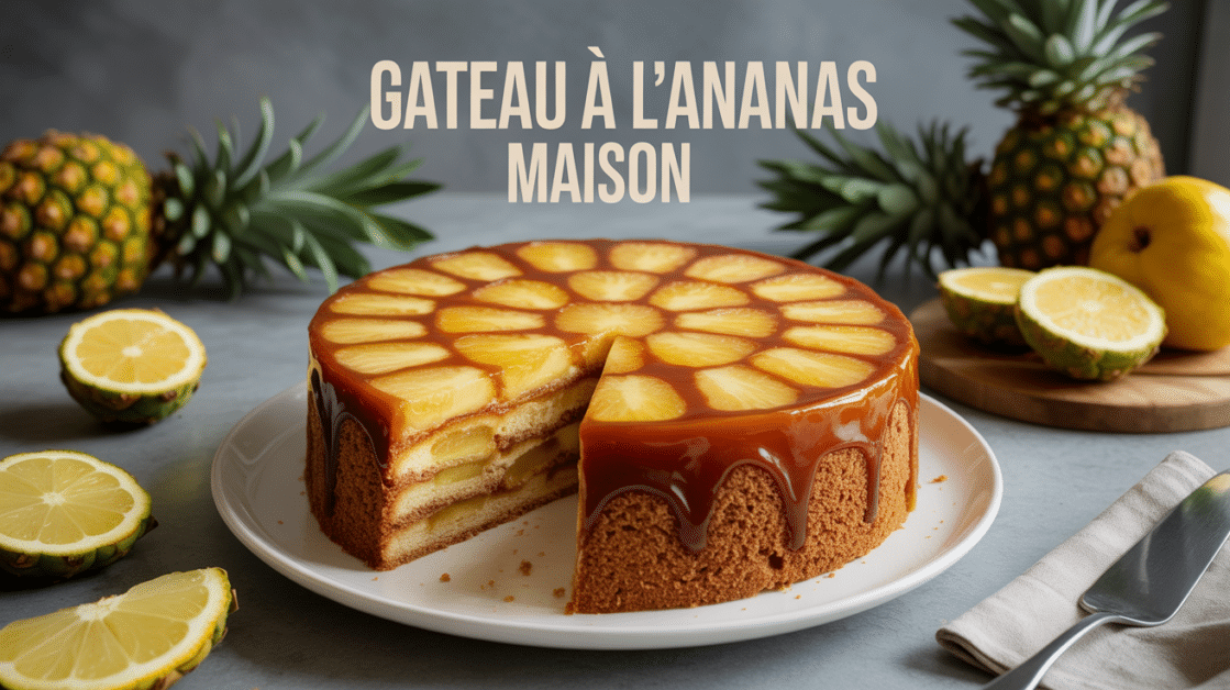 Gros gateau ananas caramel sur plat familial