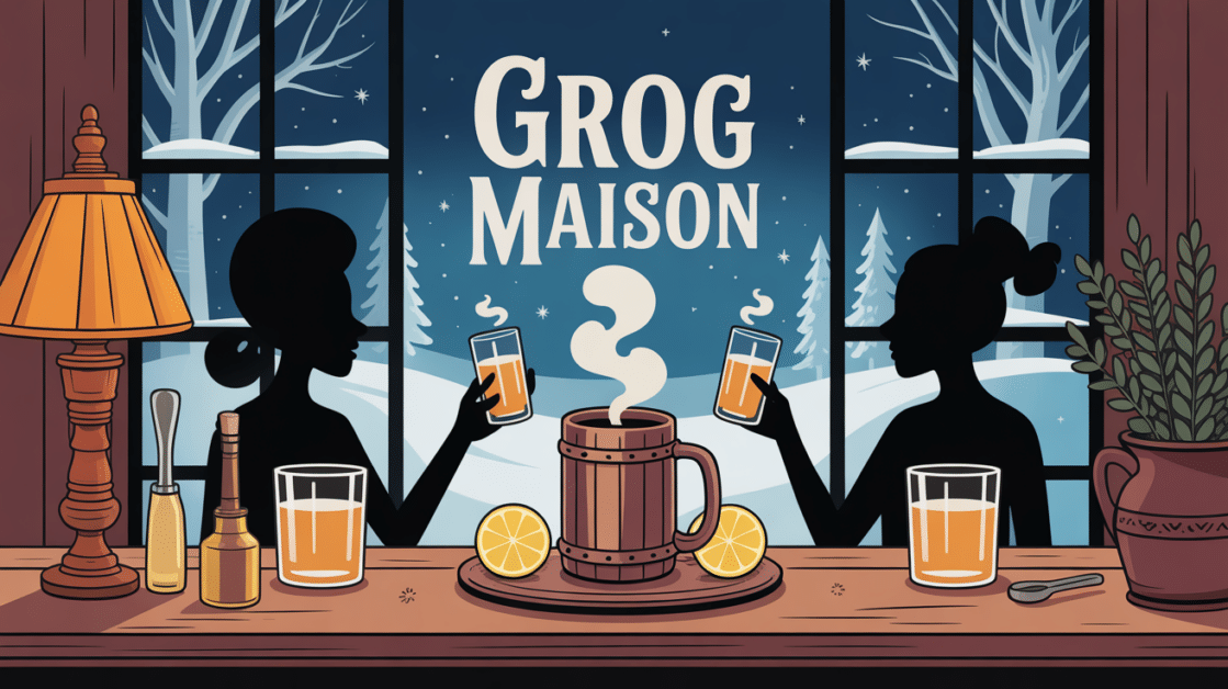 Grog maison sur table en bois, ambiance chaleureuse