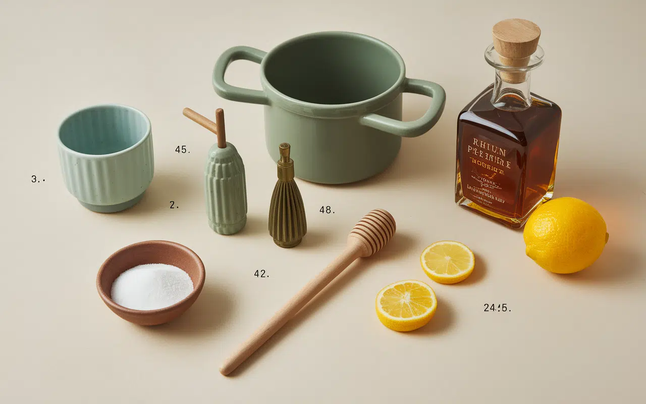 Préparation grog : tasse, rhum, citron, miel