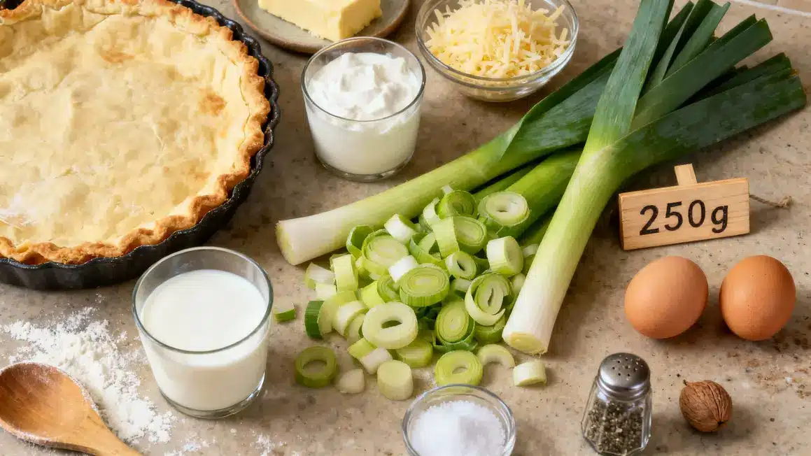 Ingrédients pour quiche aux poireaux sur plan de travail, quantité poireaux indiquée