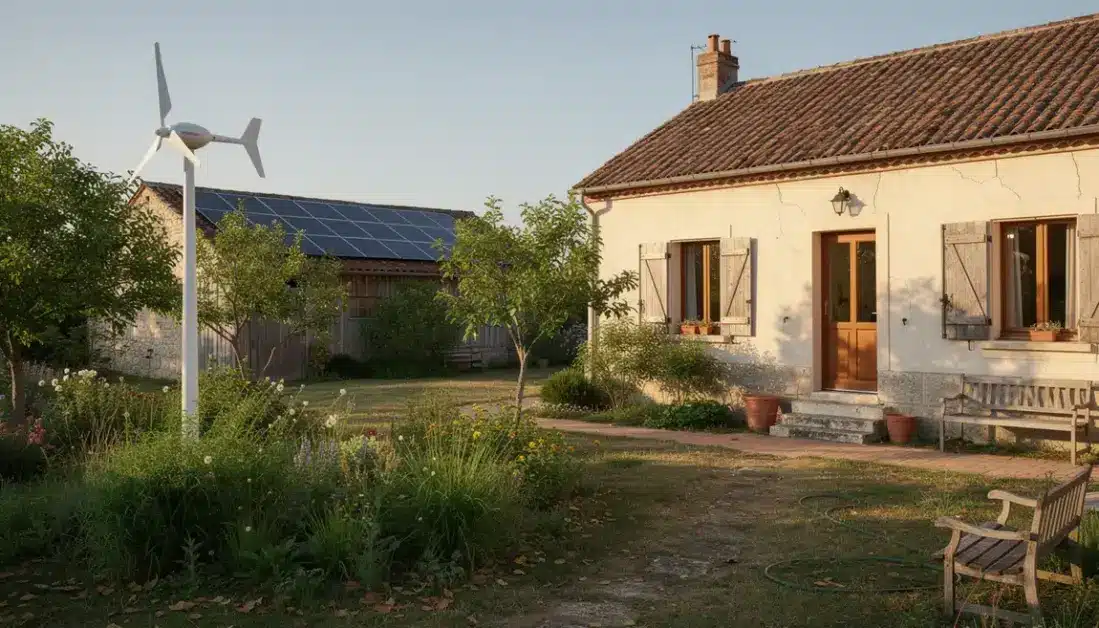 Maison campagne mini eolienne et panneaux solaires