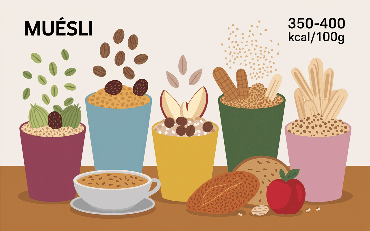 Différents bols muesli ingrédients calories