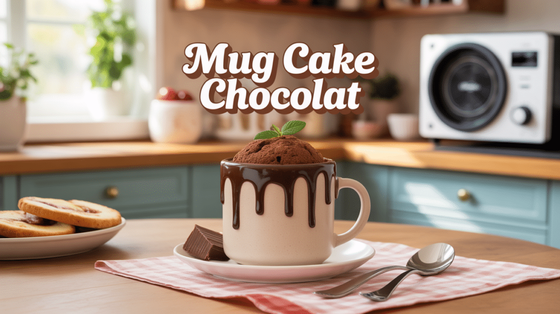mug cake chocolat dans tasse céramique sur table
