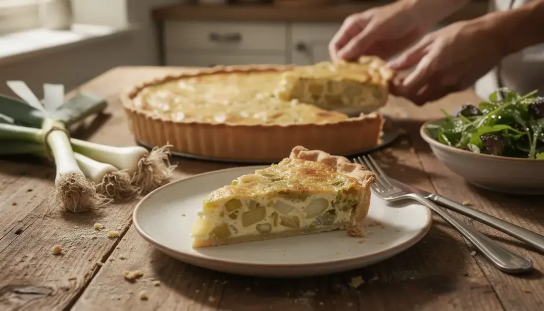 Quiche aux poireaux familiale, tranche servie, poireaux frais, cuisine conviviale
