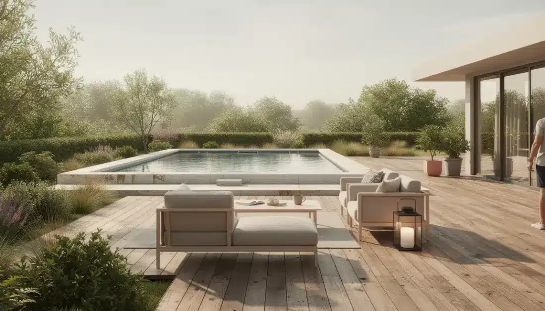 Terrasse en bois moderne avec piscine et salon de jardin
