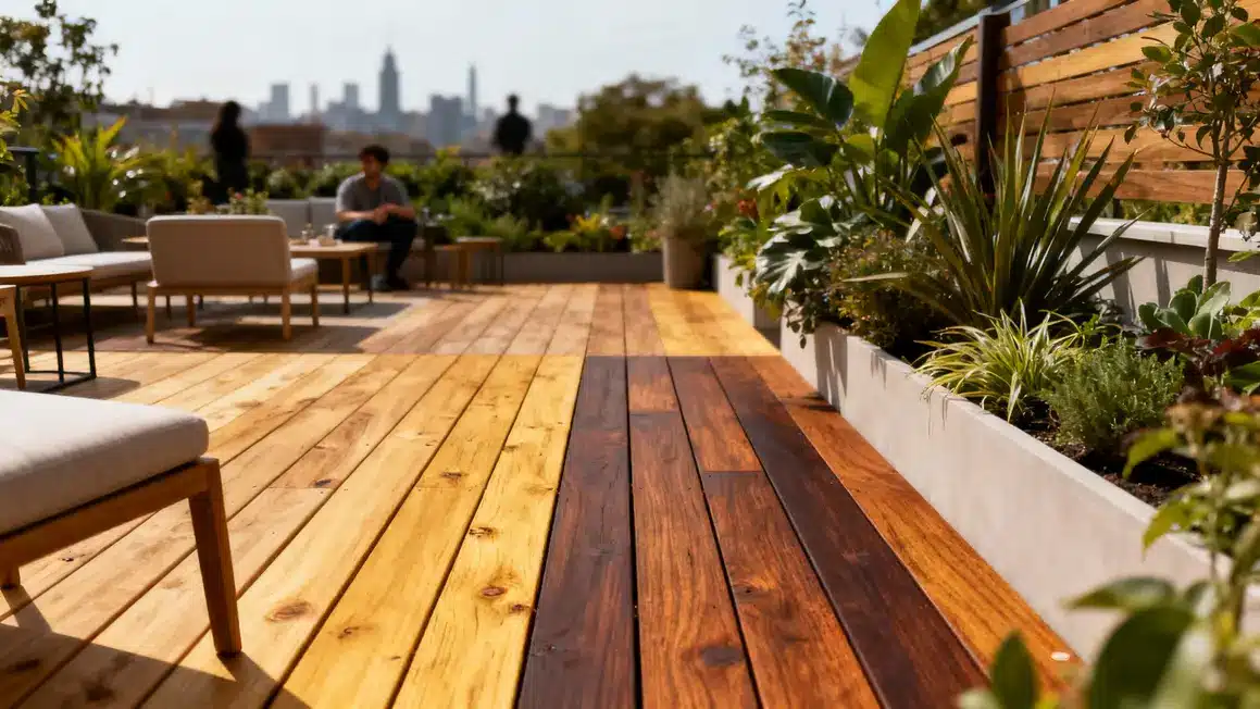 Différentes essences de bois sur terrasse extérieure conviviale