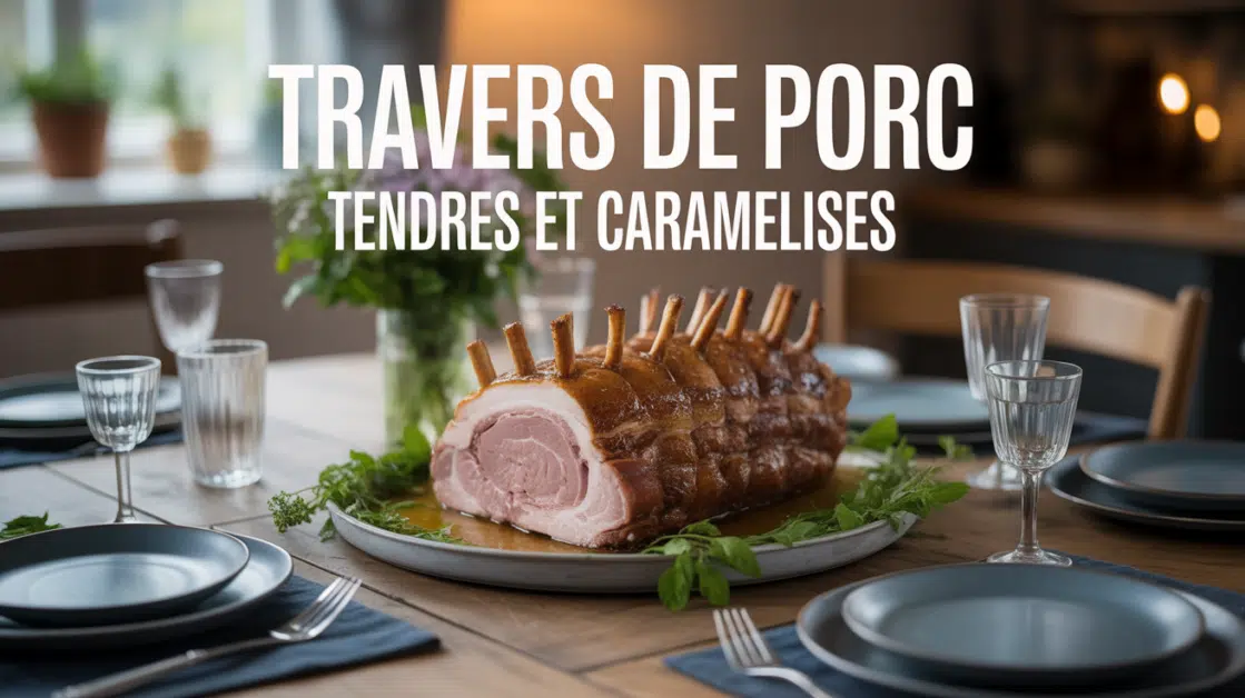 Travers de porc caramélisés sur grande table