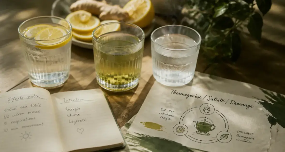 Boisson pour perdre du poids : eau citronnée, thé vert et gingembre