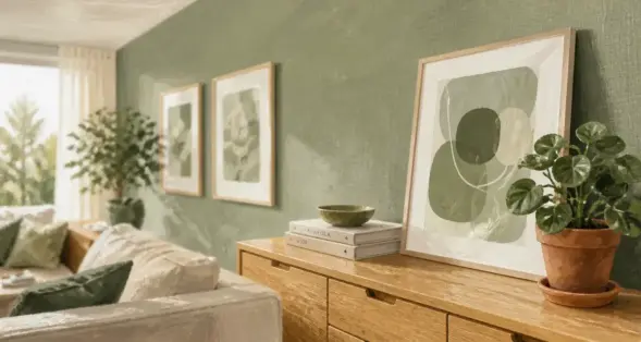 Decoration murale vert sauge mat au salon, cadres et matières pour un intérieur apaisant