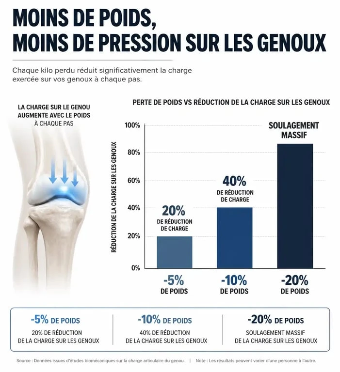 Infographie montrant l'impact de la perte de poids sur la réduction des douleurs articulaires et de la pression sur les genoux