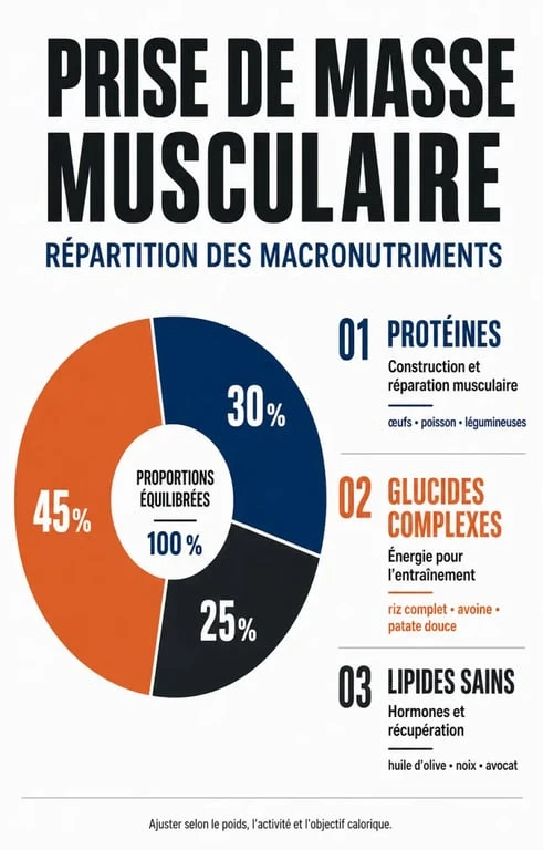 Infographie sur la répartition des macronutriments pour une prise de masse musculaire efficace