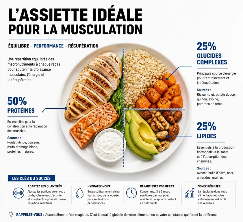 Infographie nutrition pour la musculation : répartition des macronutriments dans l'assiette