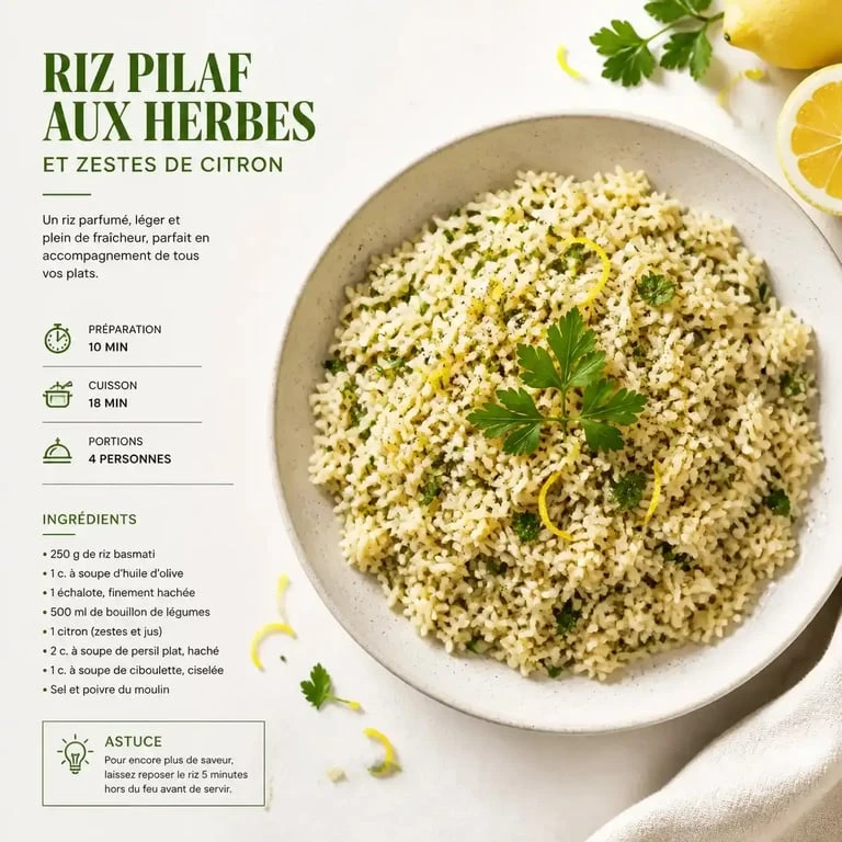 Riz pilaf aux herbes et zestes de citron en accompagnement