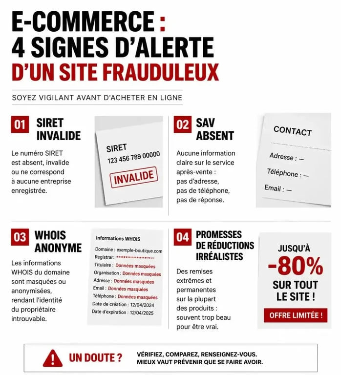 Infographie des signes d'alerte pour identifier un site e-commerce frauduleux comme Maison Fitness