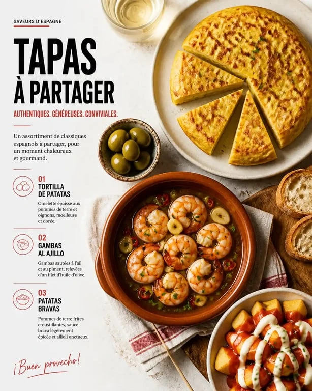 Assortiment de tapas espagnoles : recette des tapas espagnol avec tortilla, gambas et patatas bravas