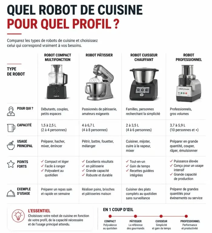 Infographie comparative pour choisir le meilleur robot cuisine selon son profil d'utilisateur