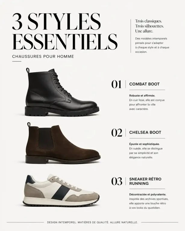 Sélection des chaussures homme tendance 2025 : combat boots, chelsea boots et sneakers rétro