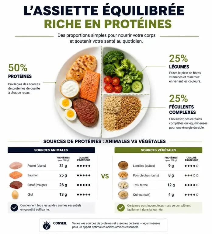 Infographie sur les sources de protéines pour un repas riche en protéine équilibré