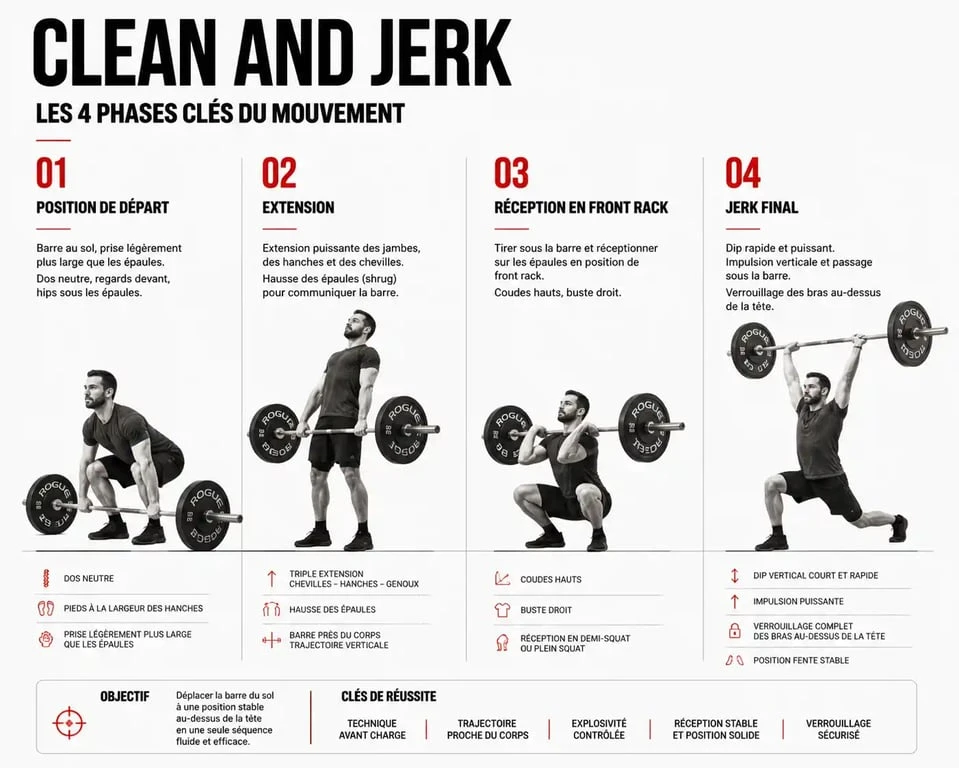 Schéma technique des phases du mouvement clean and jerk en crossfit