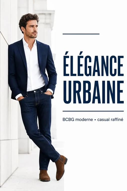 Homme portant un style BCBG moderne et casual avec blazer et jean brut pour un look élégant et décontracté.