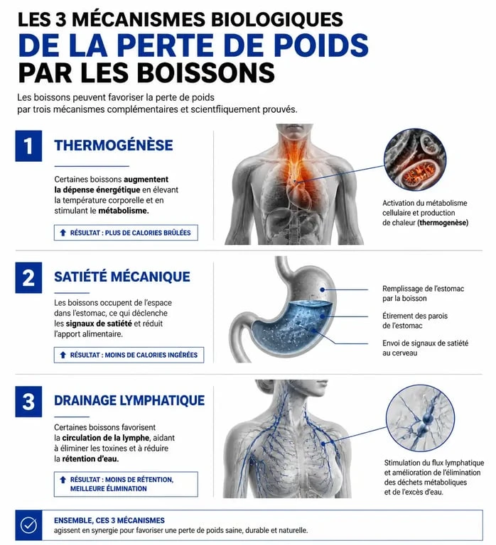 Infographie illustrant les mécanismes biologiques des boissons pour perdre du poids : thermogenèse, satiété et drainage.