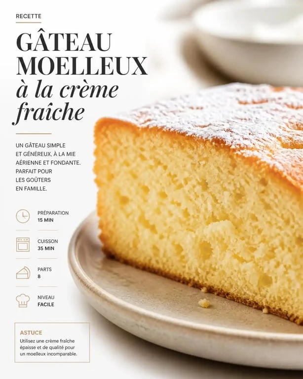 Gâteau moelleux rapide à la crème fraîche sur une assiette
