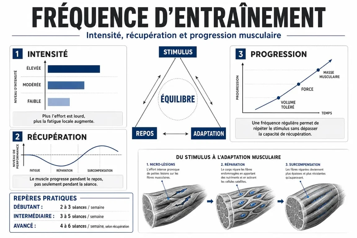 Infographie sur la fréquence d'entraînement en musculation et l'importance de la récupération pour progresser