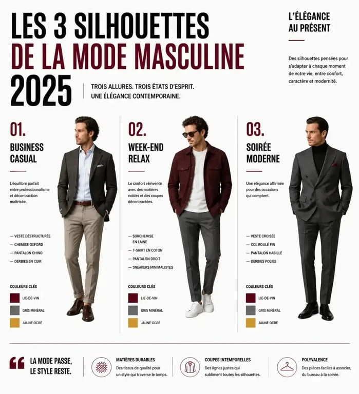 Infographie des tendances look homme 2025 : silhouettes et couleurs phares pour le style masculin.