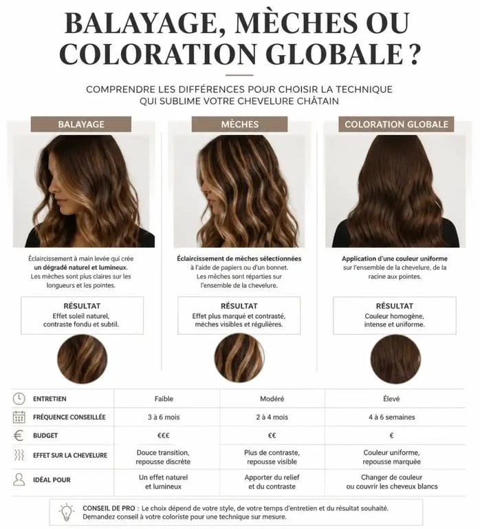 Tableau comparatif des techniques de balayage pour cheveux châtains
