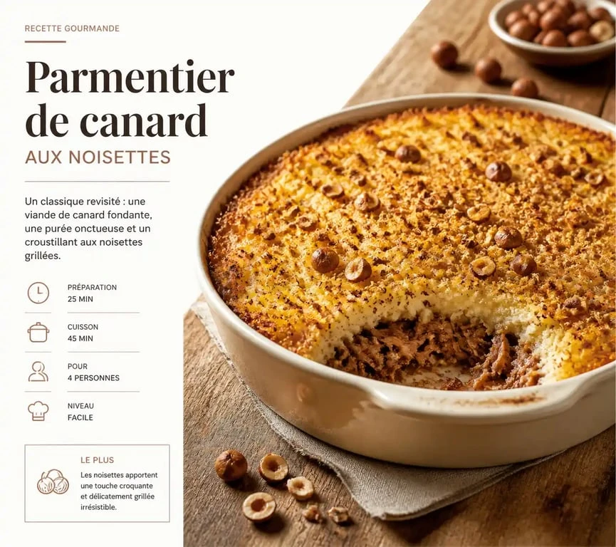 Parmentier de canard aux noisettes pour 10 personnes, plat convivial et généreux