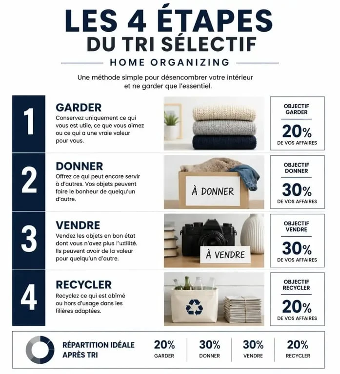 Infographie des 4 étapes du tri pour une aide au rangement maison efficace