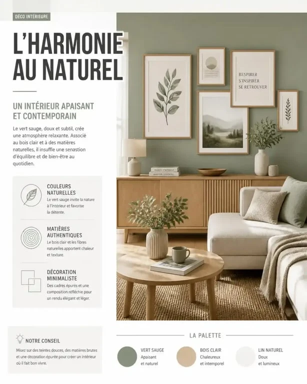 Décoration murale vert sauge dans un salon moderne avec cadres et bois clair