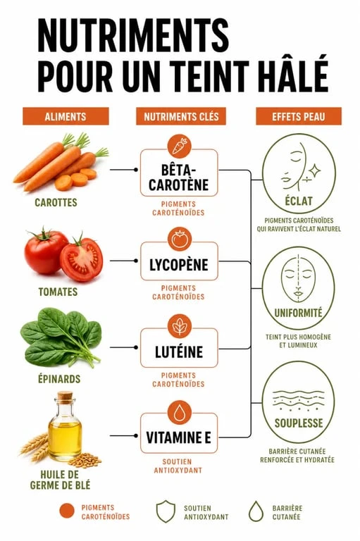 Infographie illustrant les bienfaits des nutriments alimentaires pour obtenir un teint hâlé naturel et lumineux.