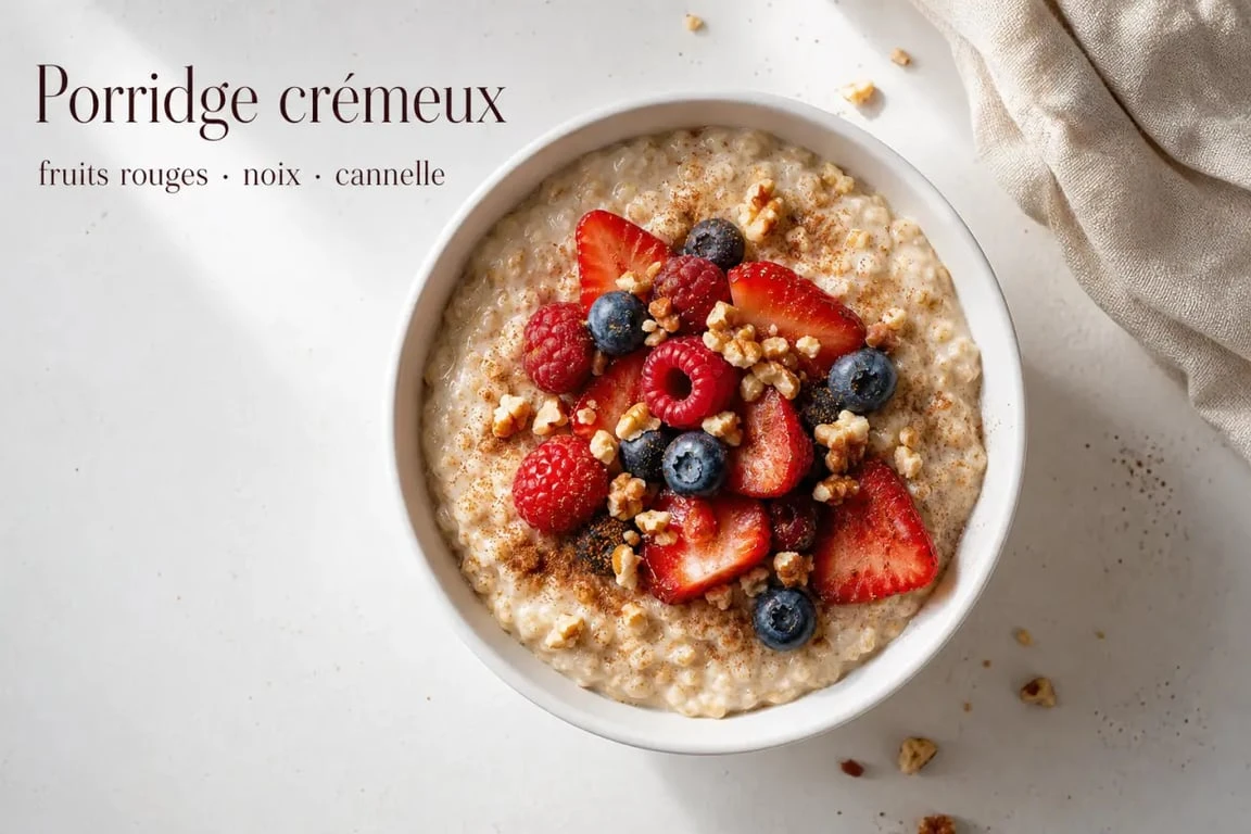 Bol de porridge crémeux aux fruits rouges et noix, une recette de petit déjeuner équilibré