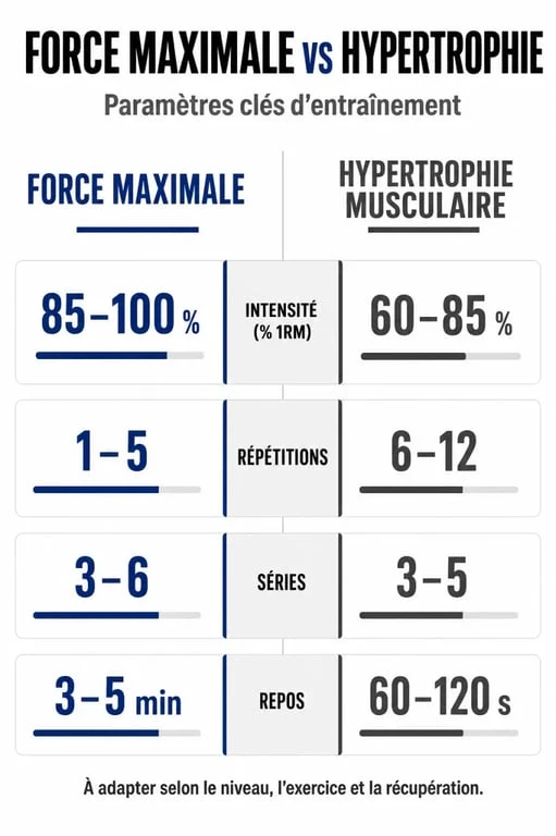 Infographie comparative des paramètres de musculation pour la force et l'hypertrophie