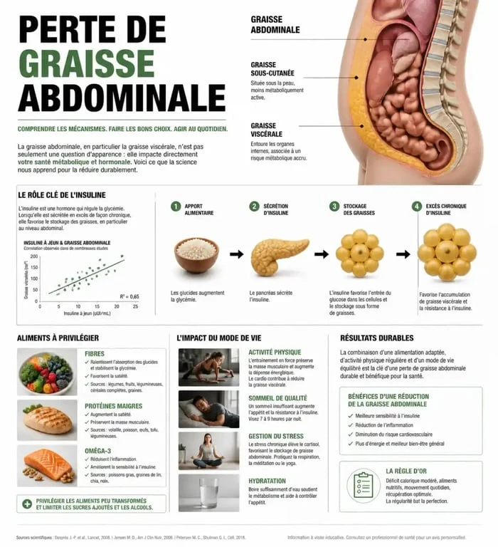 Infographie sur l'alimentation pour maigrir du ventre et réduire la graisse viscérale