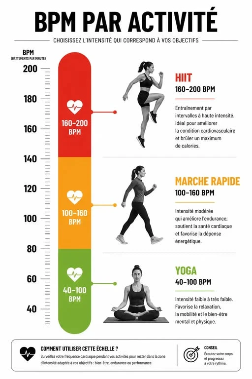 Infographie des plages de BPM recommandées pour le fitness en musique selon l'intensité de l'entraînement