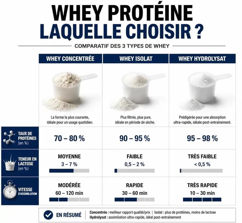 Comparatif des types de whey protéine : concentrée, isolat et hydrolysat pour choisir sa protéine en poudre