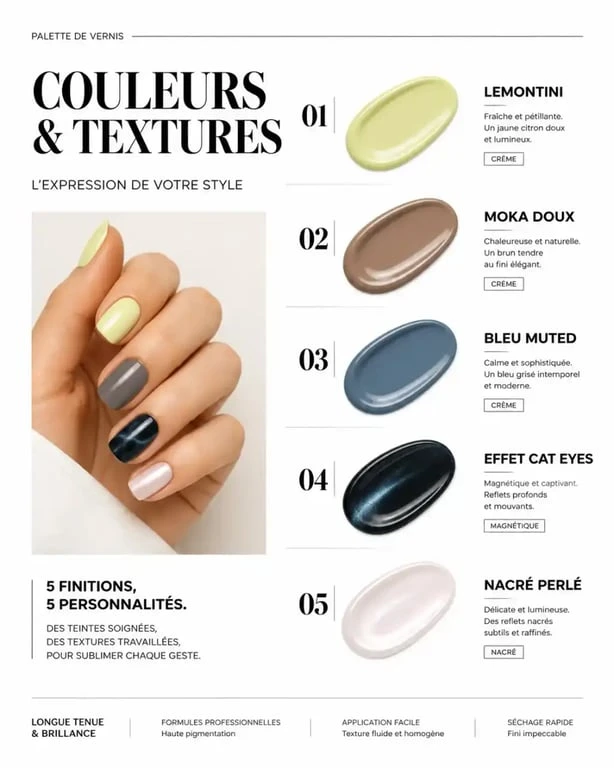 Infographie des tendances vernis à ongles : couleurs et finis de la saison