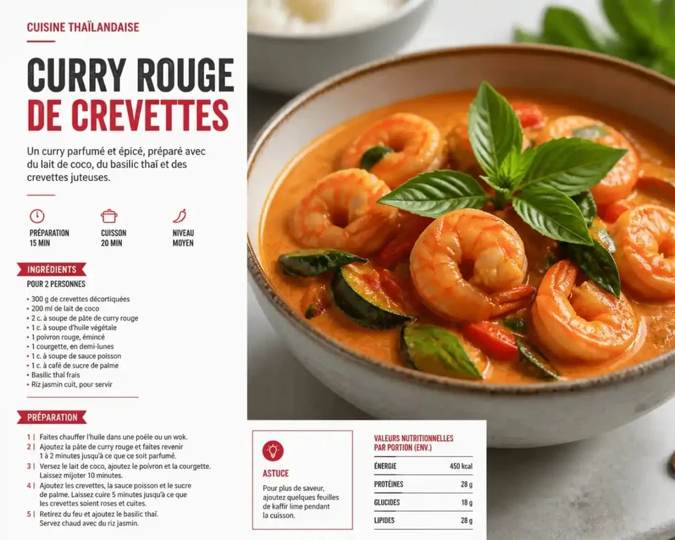 Curry rouge de crevettes au lait de coco, une recette avec pâte de curry savoureuse et facile à réaliser.