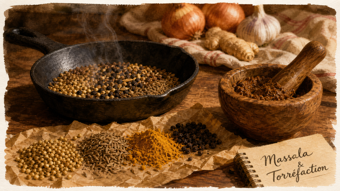 Massala : épices torréfiées et pâte de massala à la poêle