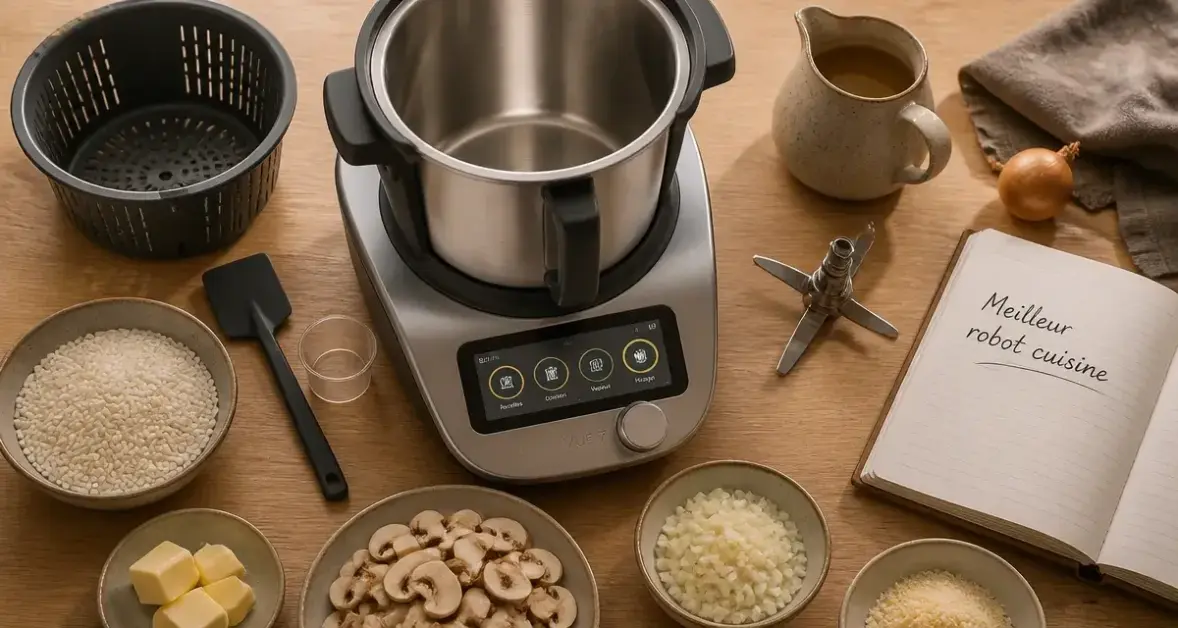 Meilleur robot cuisine : robot cuiseur moderne sur plan de travail avec ingrédients