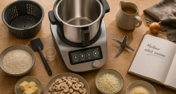 Meilleur robot cuisine : robot cuiseur moderne sur plan de travail avec ingrédients