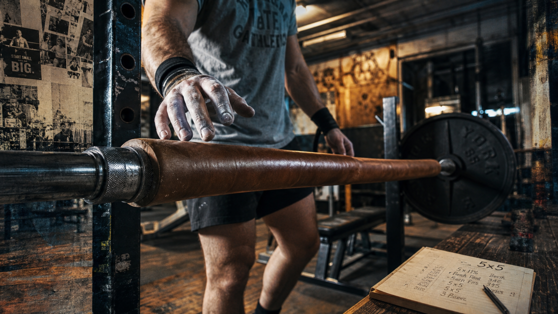 Musculation pour la force : barre olympique et traces de craie sur le grip
