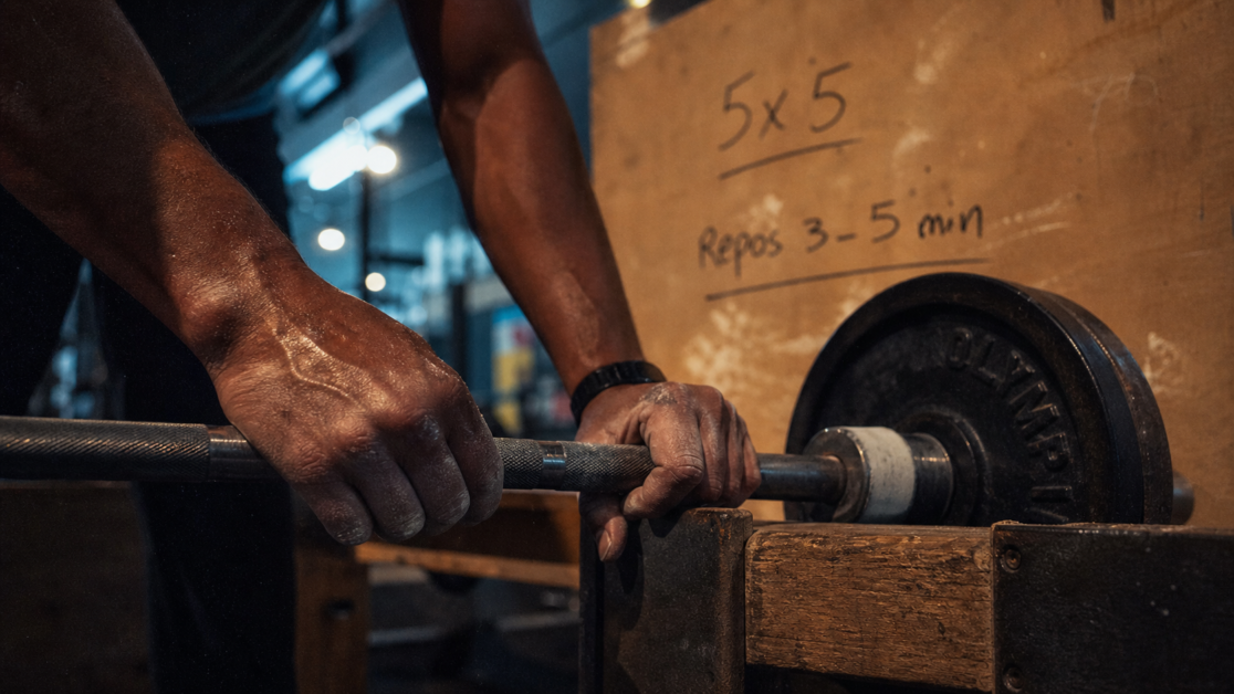 Musculation pour la force : mains sur barre olympique avec magnésie