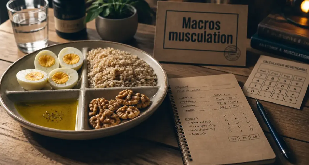 Nutrition pour la musculation : assiette macros protéines glucides lipides