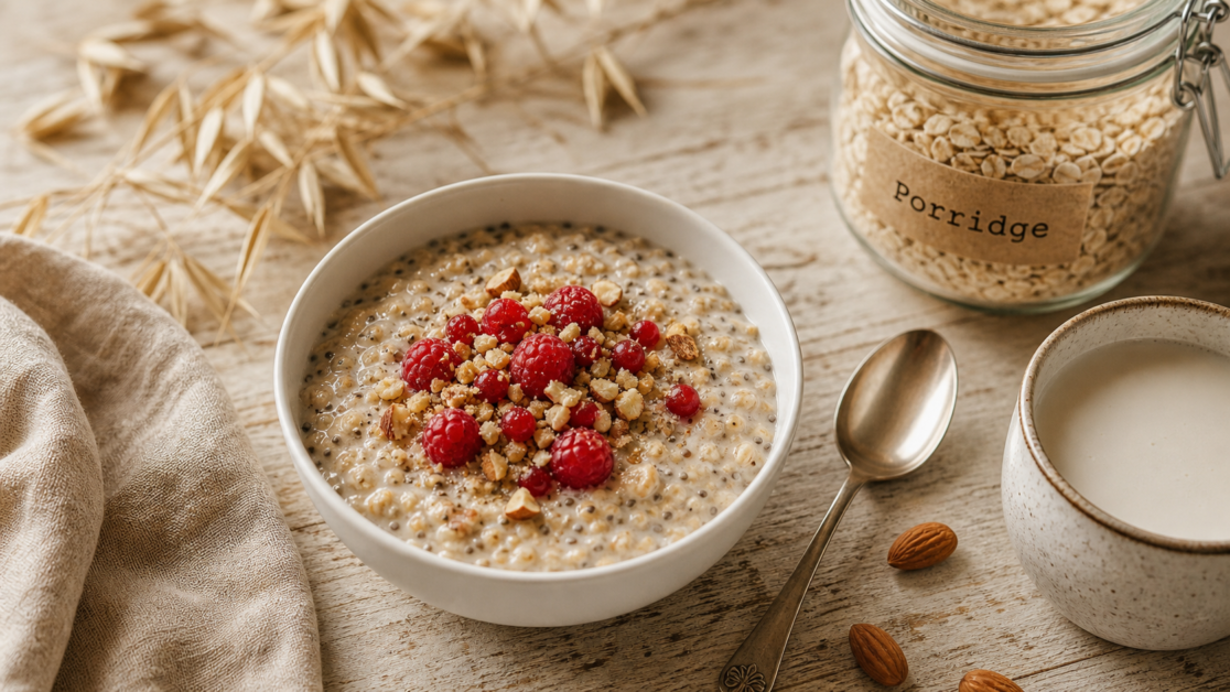 Petit dej équilibré recette : porridge protéiné aux fruits rouges et chia